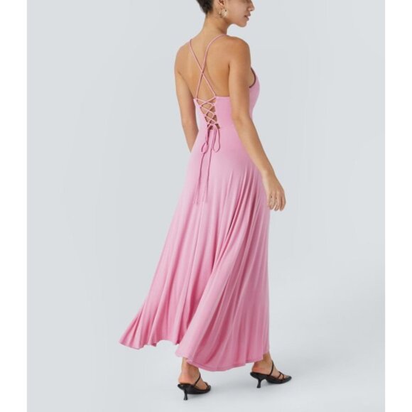 Halara Ribbed Cowl Neck Backless Crisscross Lace Up Split Midi Party Dress Sz XS - Picture 5 of 12